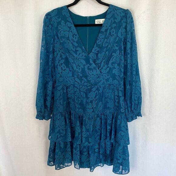Eliza J Floral Lace Long Sleeve Tiered Mini Dress Teal Blue Ruffles Women 8 New - Picture 8 of 10